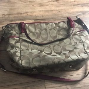 Coach tan and red burgundy tote shoulder bag purse bag